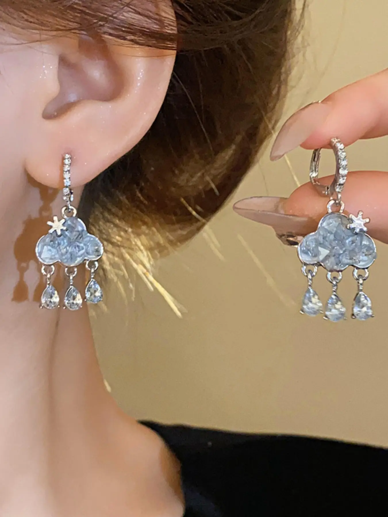 1 Pair of Cute Cloud Hanging Earrings, Blue Imitation Crystal Rain Cloud Water Drop Ear Decor, Sweet Zircon Dangle Earrings Jewelry