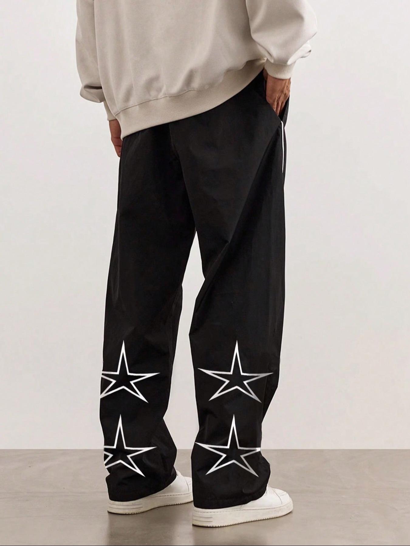 Men's Letter Patched Star Print Drawstring Waist Pants, Casual Fashion Loose, Casual Pocket Design Comfy Pocket Straight Leg Trousers for Daily Wear, Fashion Men's Bottoms for All Seasons