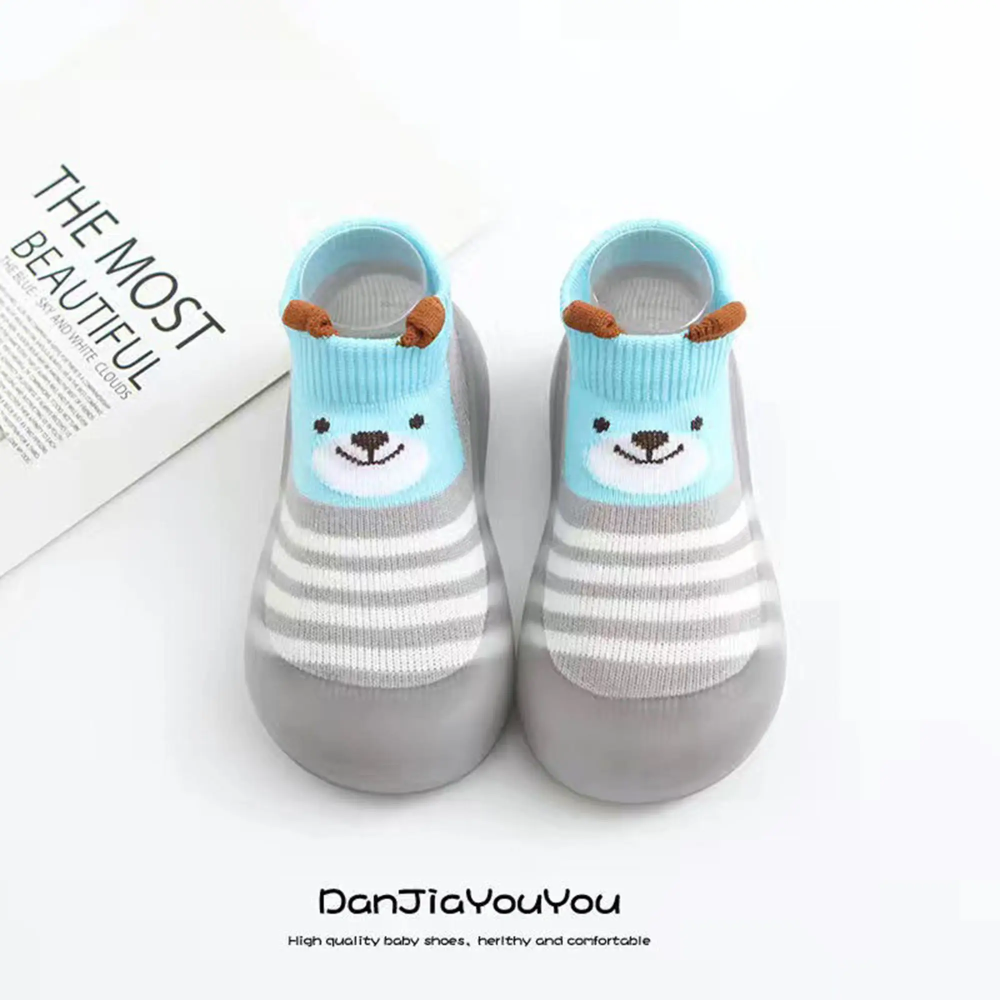 Cartoon Duck Bear Striped Baby Sock Shoes Breathable Mesh Flexible Silicone Non Slip Sole Lightweight Infant First Walking Floor Slippers for Toddlers