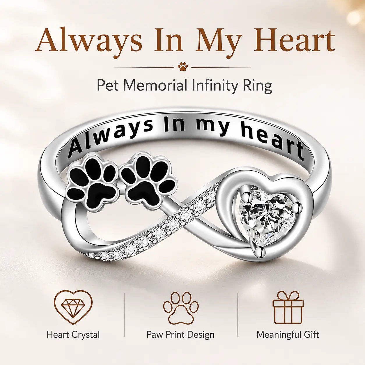 Elegant Diamond-Encrusted Puppy Paw Print Ring with Crystal Heart Cat Paw Design, Metal Coating Memorial Costume Jewelry Keepsake for Animal Lovers