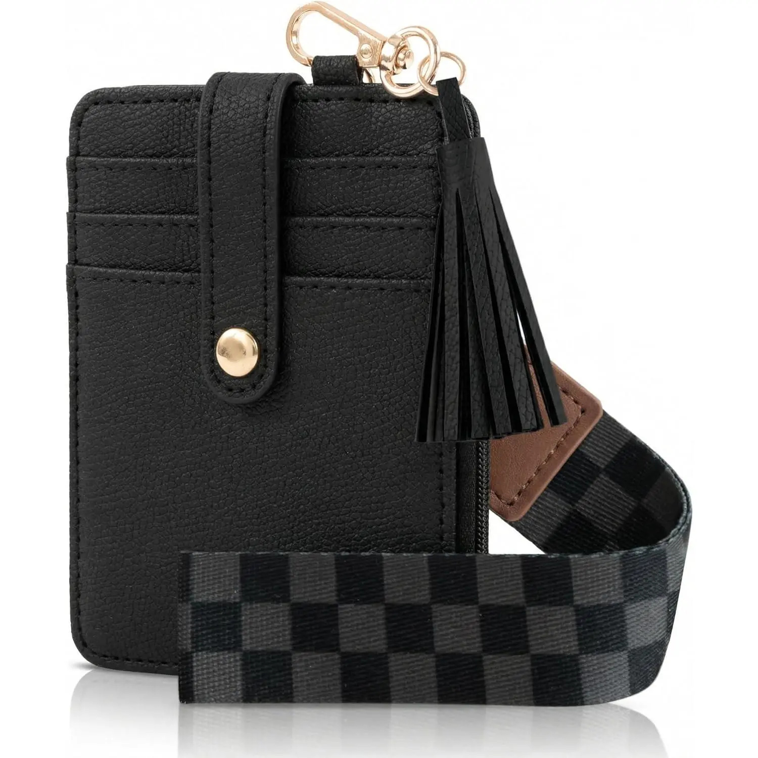Stylish Wristlet Keychain Wallet for Women - Slim Design Credit Card Holder w/ Plenty of Storage incl. Clear ID Window & Zipper Pocket - Easy Carry RFID Blocking Wallet w/ Tassel, Lanyard & Gold Rings