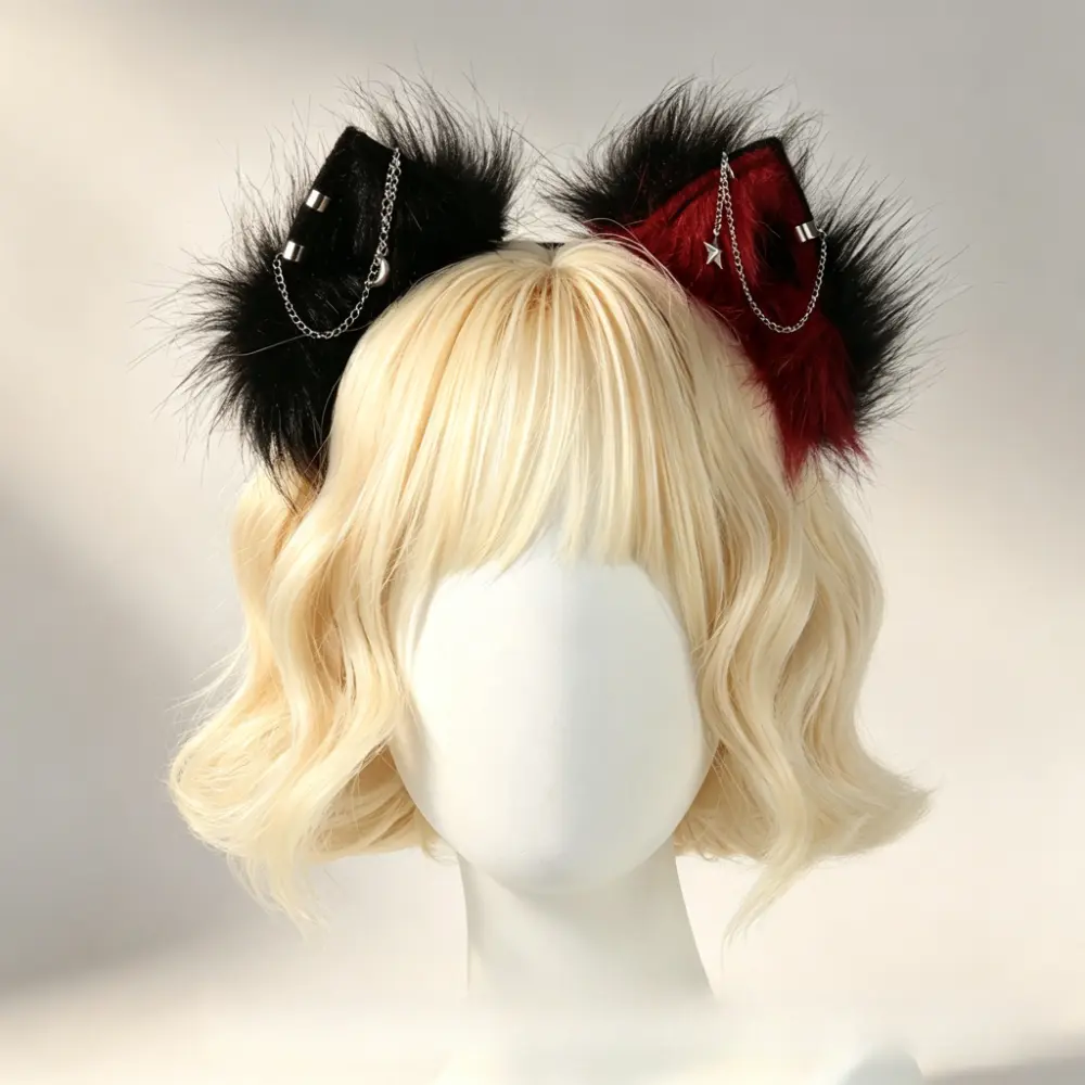 Handmade Soft Polyester Cat Ear Headband - 2-tone Asymmetrical Ears Design, Star Moon Cosplay Hair Accessory, Playful Cute Casual Daily Fashion Accessory, Exquisite Gift Option