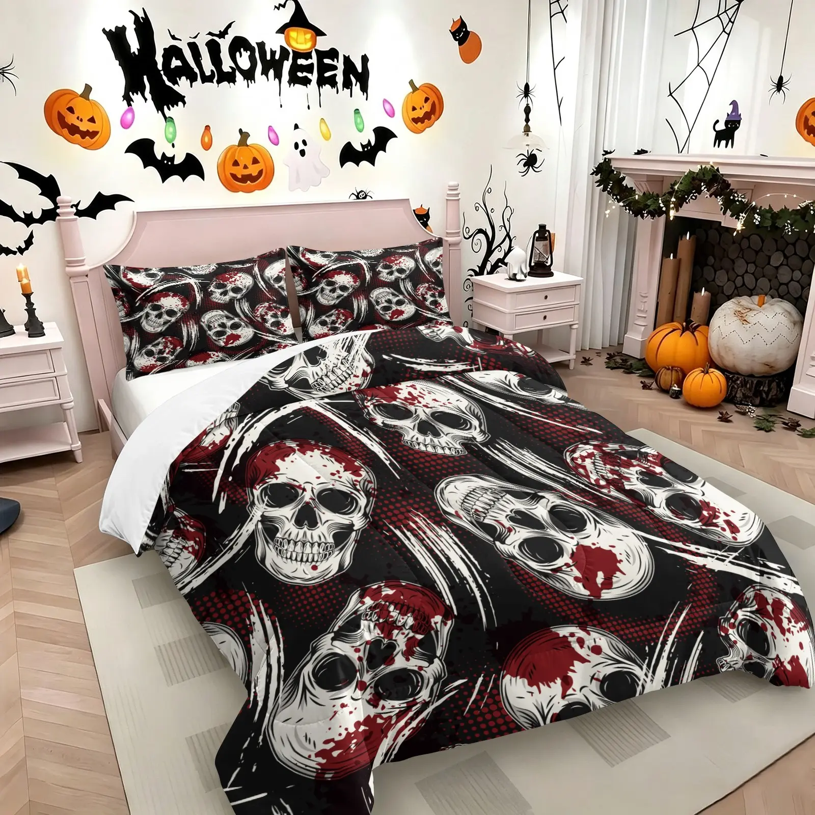 Gothic Halloween Terror Character Print Comforter Set, Bedding Set, Includes 1 Comforter and 1-2 Pillowcases, Black White Horror Villain Pattern Print, Gift for Kids, Teens and Adults, Halloween Party Gift, Spooky Season Gift for Horror Enthusiasts