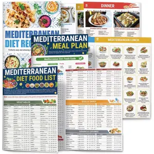 Mediterranean Diet Meal Plan Guide & Meal Planner: 3-Count Sticque Recipes, Easy Chart, Brochure Cookbook for Healthy Living
