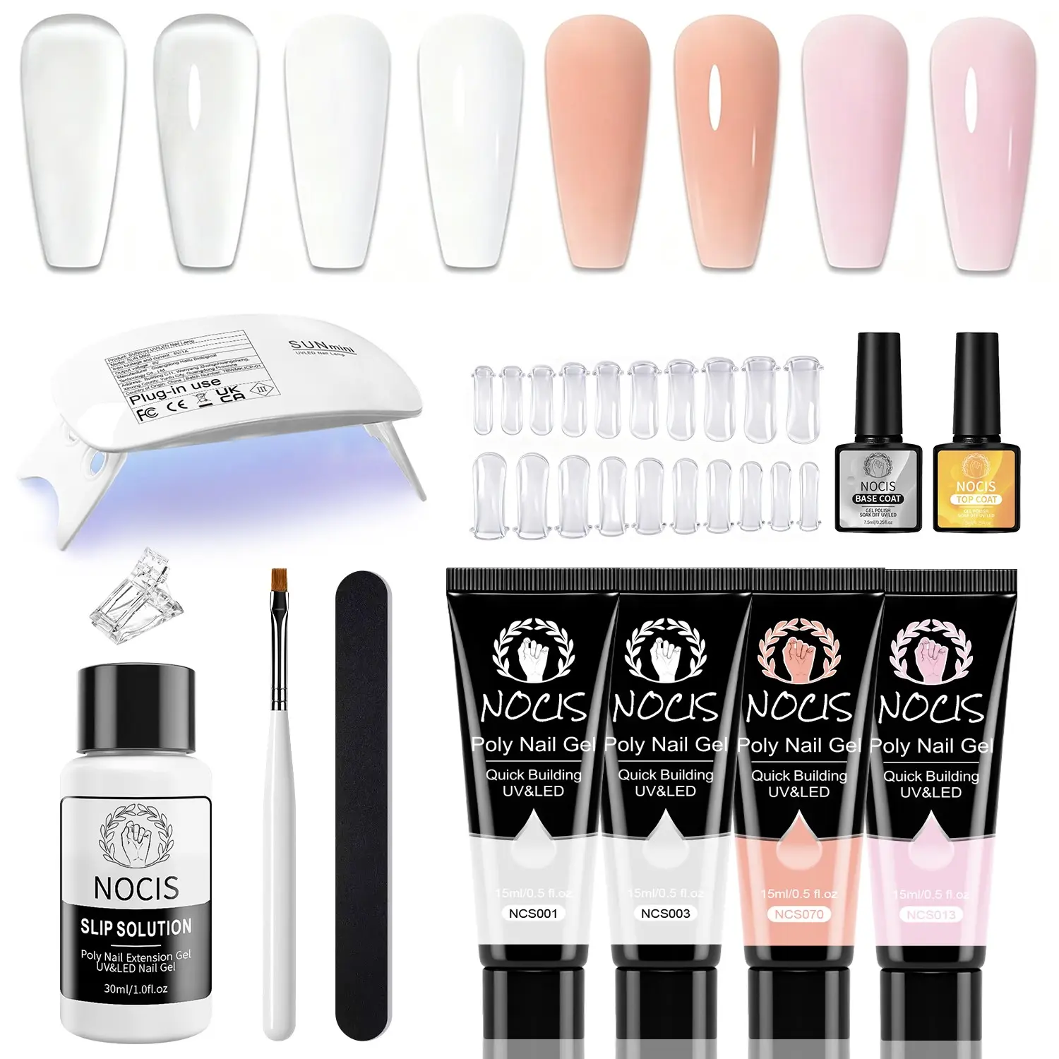 Nocis 4 Color Gel Extension Kit, Gel Nail Set, 15g Tube, Transparent, Nude, Includes Mini UV Lamp, Base Coat, Top Coat, Cleaning Water, Manicure Tools