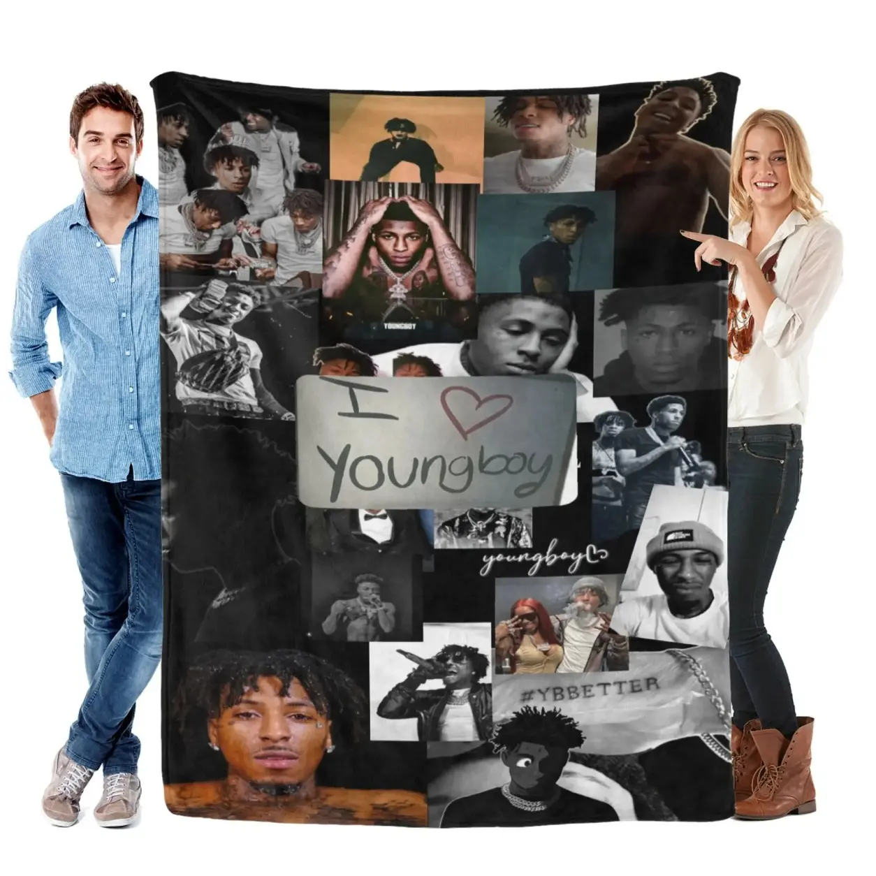 YoungBoy Collage Christmas Gift Flannel Blanket, Black Backdrop Artist Portraits Throw Blanket, Youngboy Text YBBETTER Branding Soft Fleece Blanket for Hip-Hop Fans Bed Sofa Dorm Home Decor