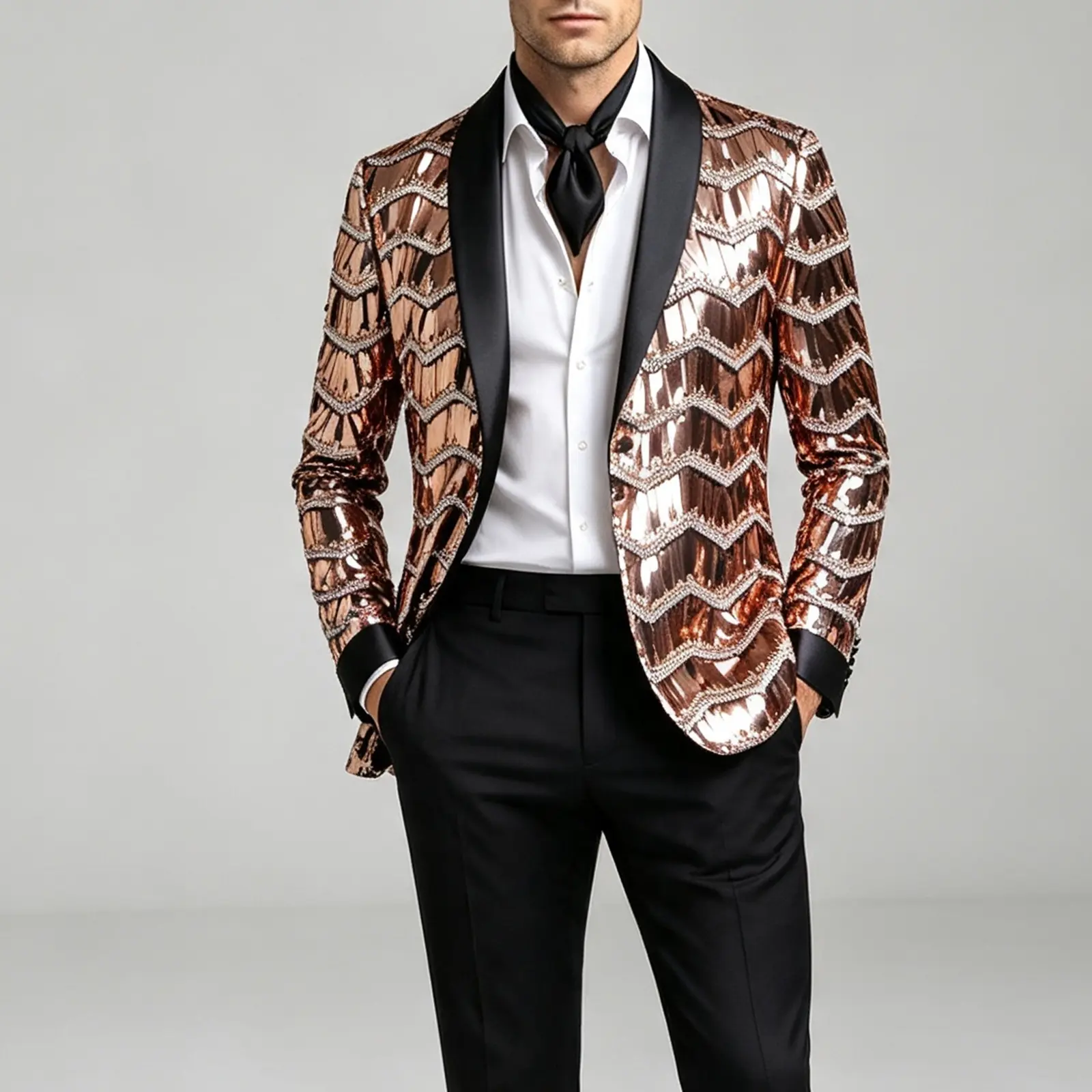Men's Sequin Blazer - Classic Slim Fit Longsleeves Formal Tuxedo Jacket with Rose Gold Chevron Fringe, Satin Shawl Lapel, Smooth Wave Design, Matching Plain Accents for Evening Prom, Wedding