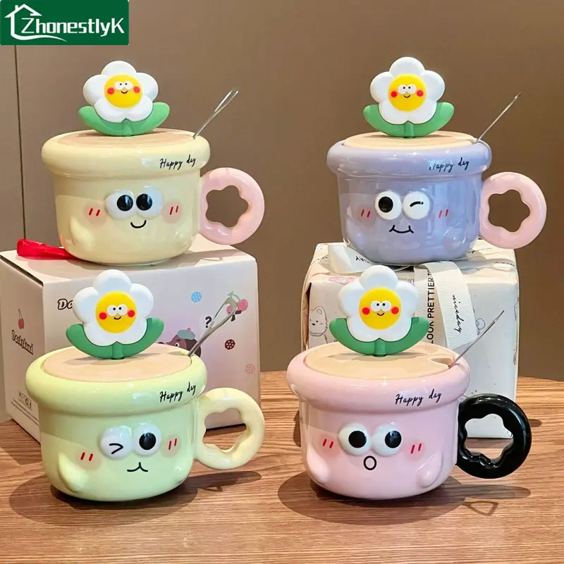 Cute expression Ceramic Coffee Cup ins style beautiful drinking mug for girls, fresh and fun office water cup with lid and spoon