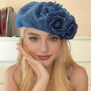 Women's Chic Foldable Denim Beret Hat with 3D Floral Print, Blue-White Colorblock, Adjustable Knit Heart Beanie, Unisex Lightweight Painter Cap for Casual, Street, Party & Travel