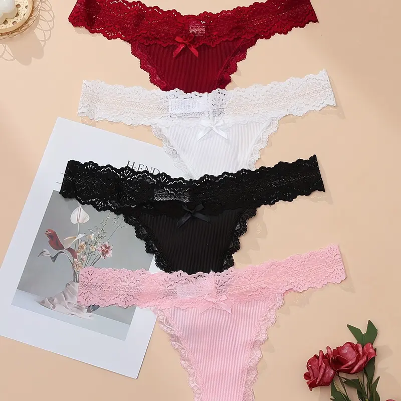 【Black Friday】Women's Bow Front Contrast Lace Thong, Breathable Comfortable Elegant Fitted Knicker for Daily Wear, Ladies Underwear for All Seasons, Fitted Panties (4-Pack or 12-Pack)