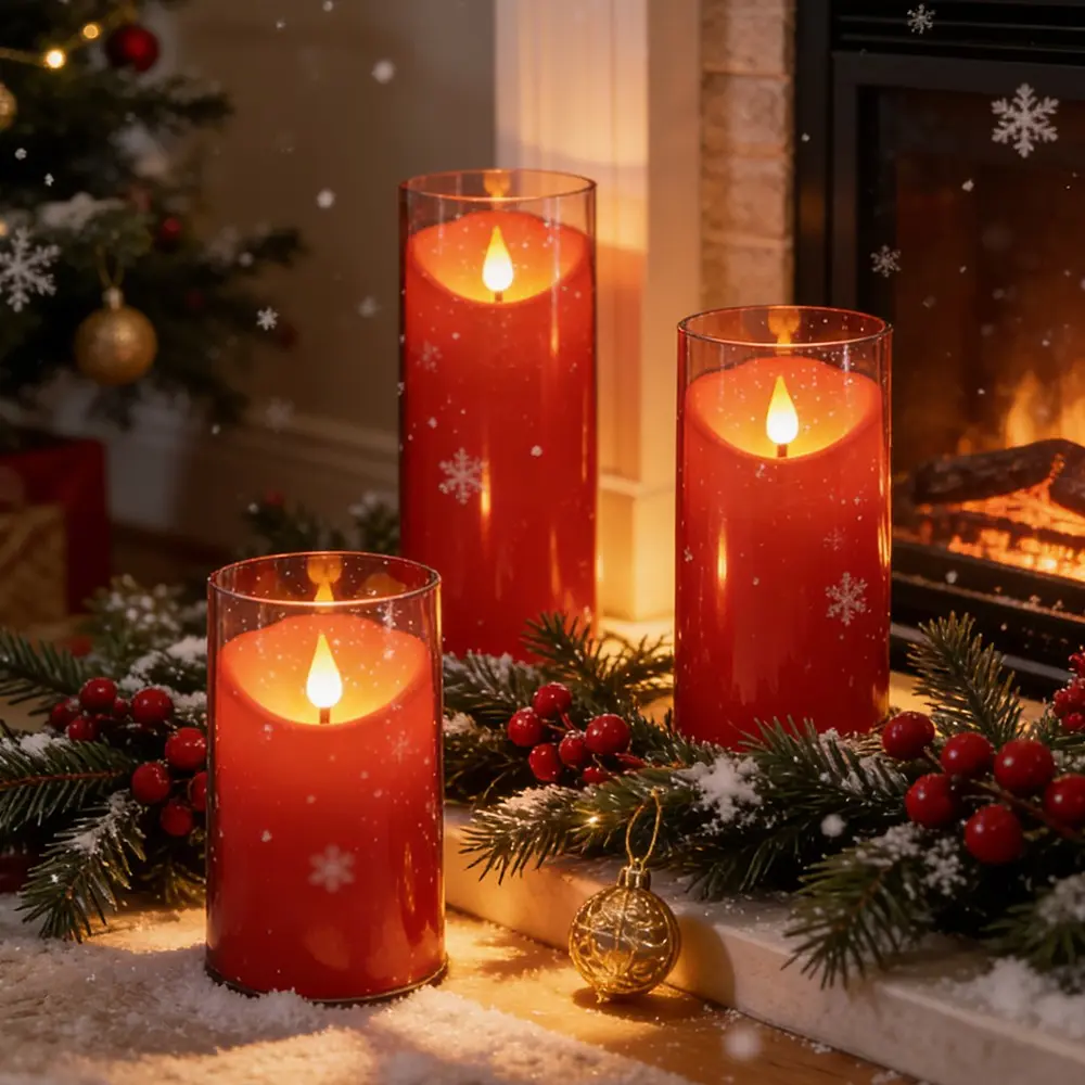 3Pcs Acrylic Red LED Flameless Taper Candles, Slanted Design, 2AA Battery Powered, Multi-Function Remote w/ Dimmer & Timer for Weddings, Church, Parties, Birthday, Christmas, Halloween, New Year, Restaurants, Decor, Smoke-Free, Odorless, Safe candle