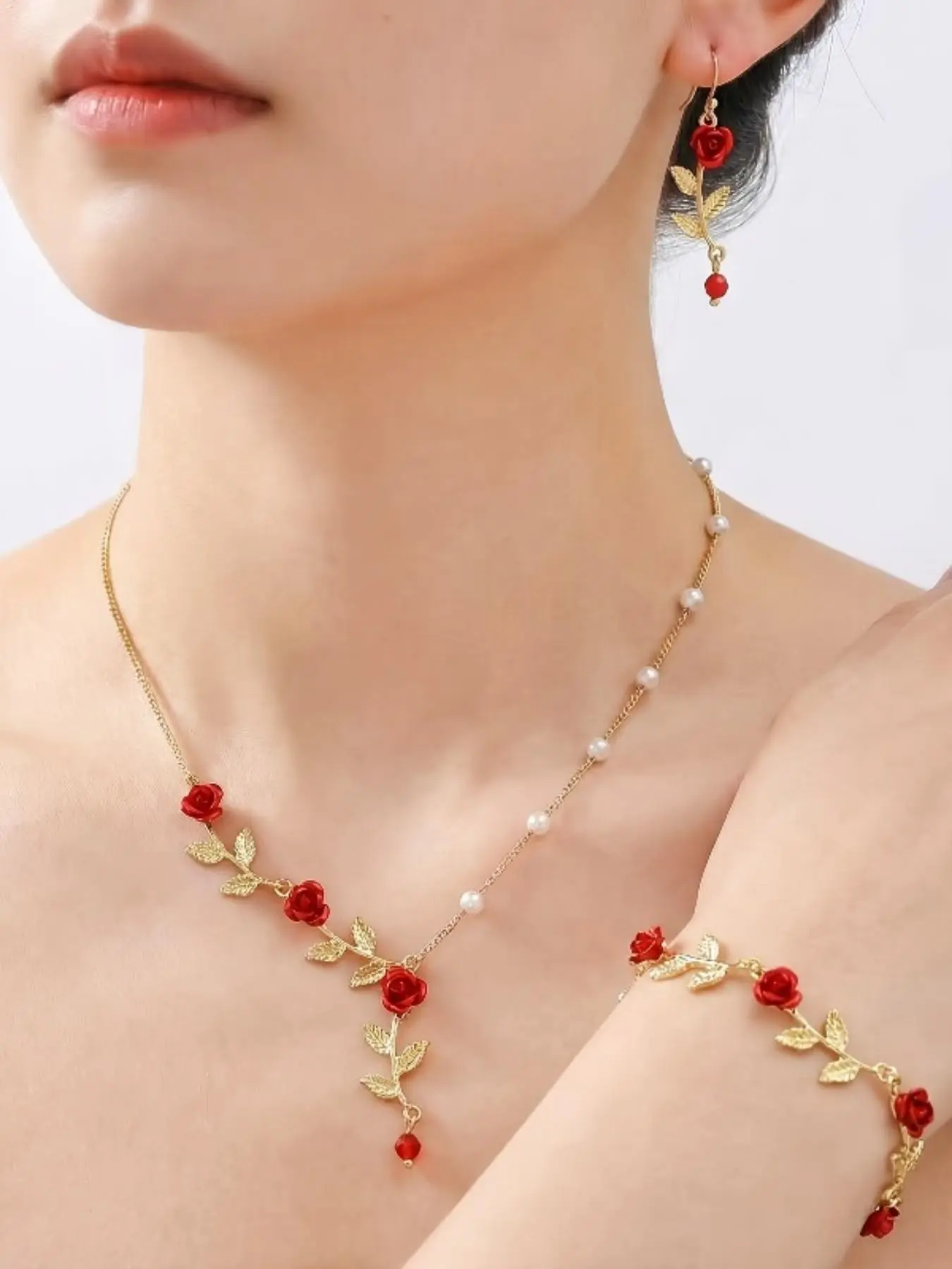 4pcs/set Elegant and Romantic Red Rose Flower Women's Jewelry Set, Including Women's Earrings, Necklaces, and Bracelets, Suitable for Women's Daily Vacations, Weddings, and Dinner Parties, Perfect for Women's Valentine's Day Gifts, Fashionable Jewelry Set