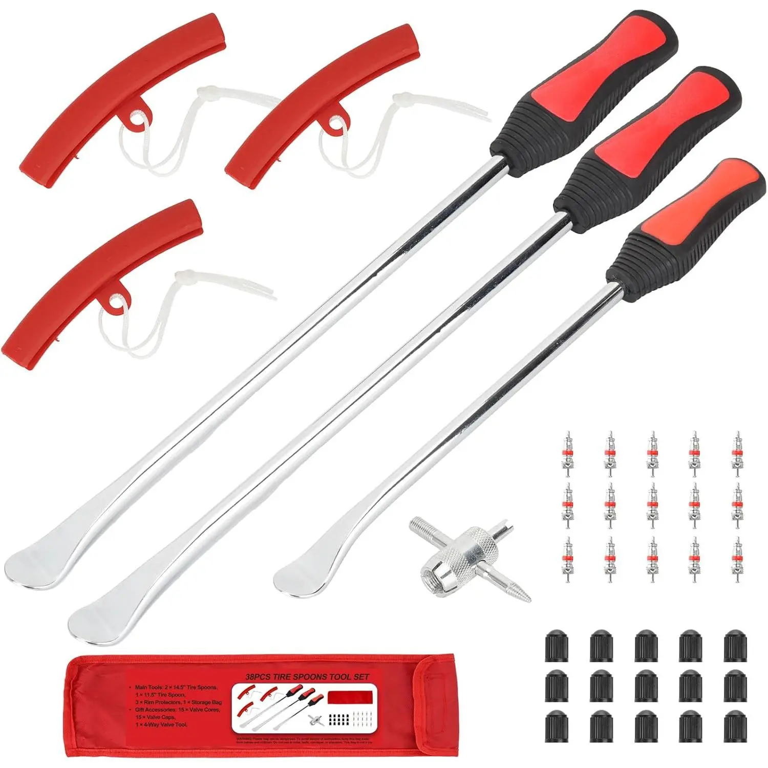 38-piece tire removal tool set, high-quality tire lever and tire changing tool kit, equipped with 14.5inch and 11.5inch levers, suitable for motorcycles, off-road vehicles, and lawn mowers, includes rim protectors, valve tools, and accessories