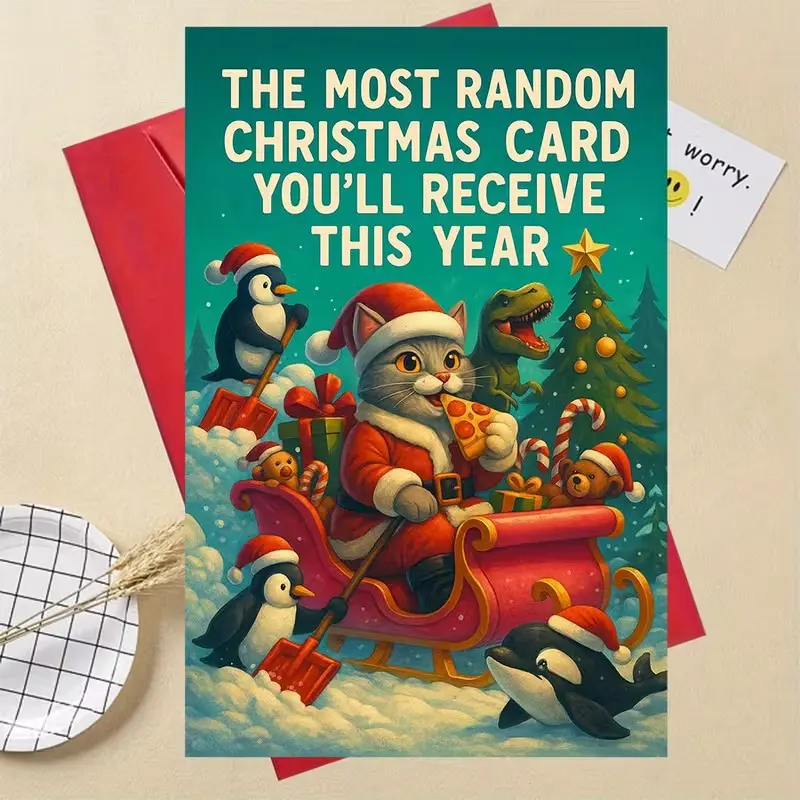 Whimsical Cat Santa Sleigh Funny Christmas Greeting Card With Matching Envelope, Creative Mixed Dinosaur Penguin Holiday Card, Weird Fun Christmas Gift For Friends