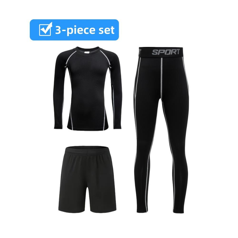 3pcs Boys' Quick-Dry Athletic Set - Compression Long Sleeve Top, Tight-Fit Pants & Shorts Training |   -Elastic multi- (Running, Cycling,) |     Fall Outfit |     Machine Washable Compression Suit, Perfect Outdoor