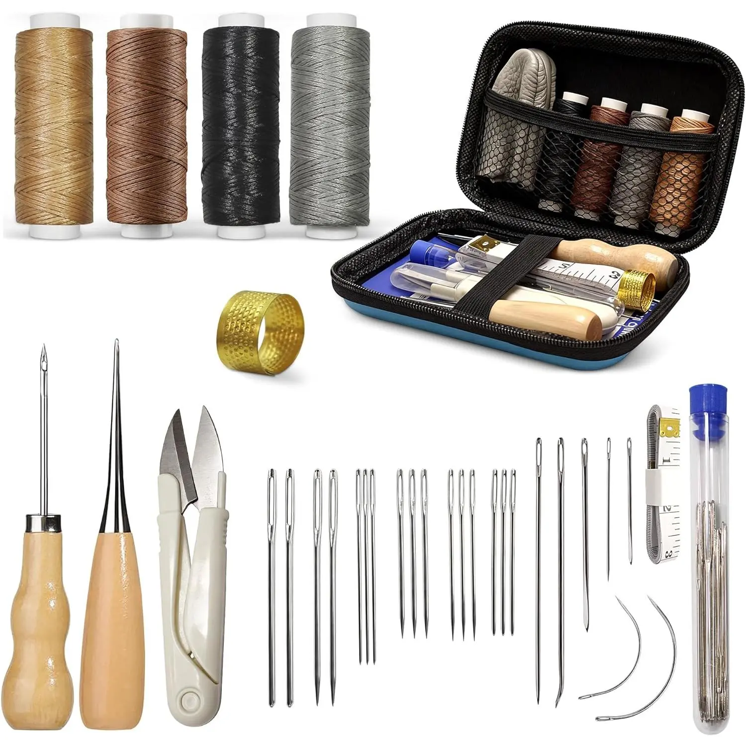 Leather Sewing Kit, Upholstery Repair Kit with Waxed Thread, Sewing Awl, Needles, Heavy Duty Hand Stitching Tools for Car Seats, Sofa, Carpet, DIY Leather Crafts