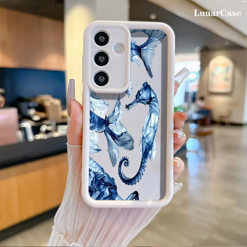 Seahorse Print Silicone Phone Case - Stylish Stepped Grooves Design, Anti-Drop, Anti-Scratch, Thin Fit Shell for Galaxy S26 S25 S24 S23 S22 S21 FE Plus Ultra A13 A14 A15 A16 A17 A33 A34 A35 A36 A52 A53 A54 Note20