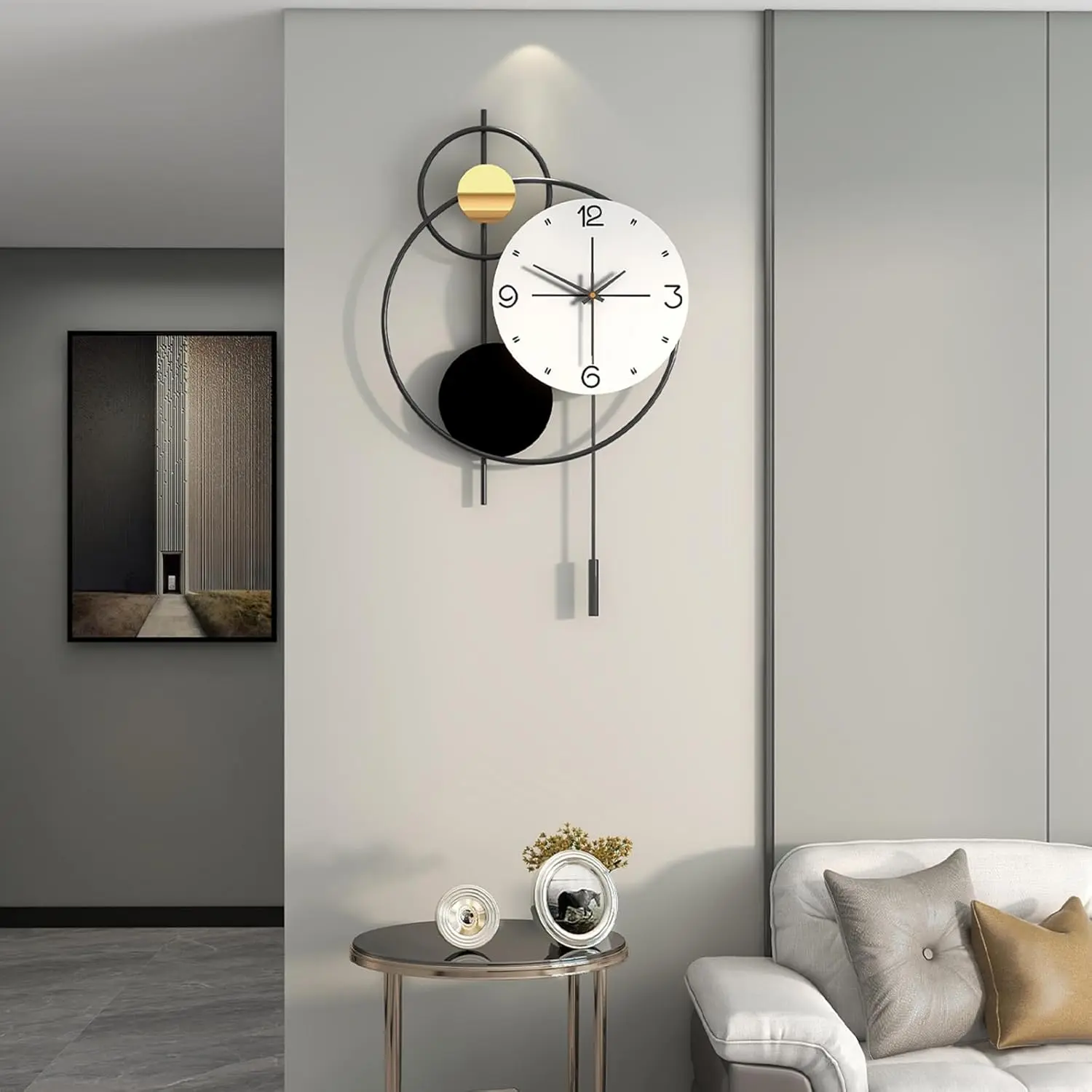 Large Modern Wall Clock for Living Room Decor 24 Inch Big Decorative Black Metal Wall Clock with Pendulum for Home Bedroom Kitchen Office Battery Operated Non Ticking Decoration Clocks Wall