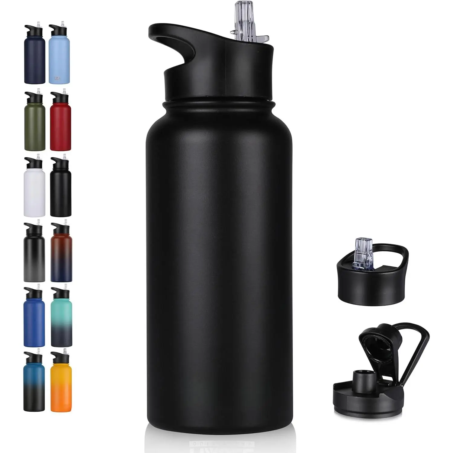 32 oz Insulated Water Bottle Stainless Steel Double Walled Vacuum Sports Water Bottle with 2 Lids (Straw and Spout Lid)  Gym Camping Hiking(Black,1)