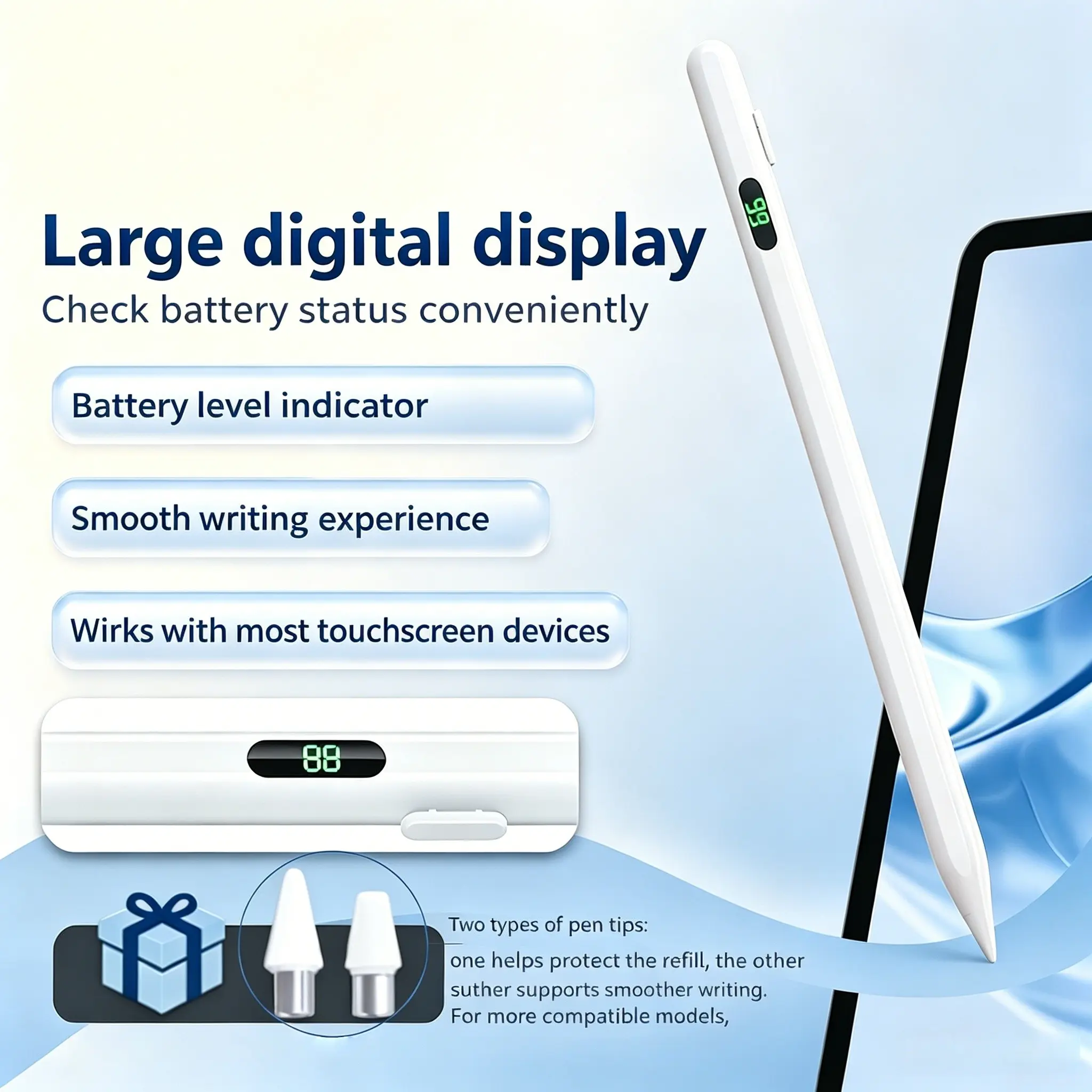 Touch Stylus Pen with Color LED Power Display, Quick Charge, Palm Rejection, Magnetic Attachment, Compatible with iOS & Android Devices