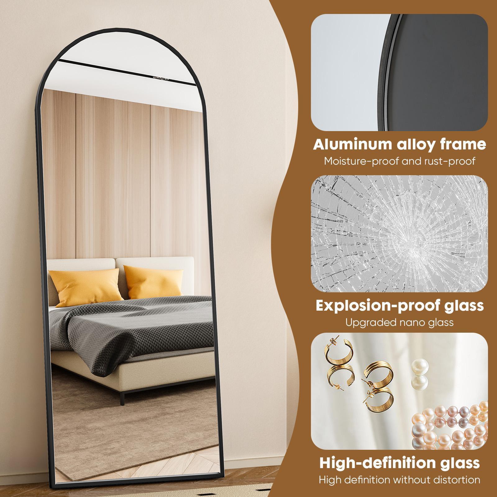 Arched/Right Angle 71"x26"/64"x21"/59"x16"Full Length Mirror Full Body Floor Gold Mirror Standing Hanging or Leaning Wall,Arch Wall Mirror with Stand Aluminum Alloy Thin Frame for Bedroom Cloakroom,Black Full-Length Mirror with Explosion-Proof HD Glass