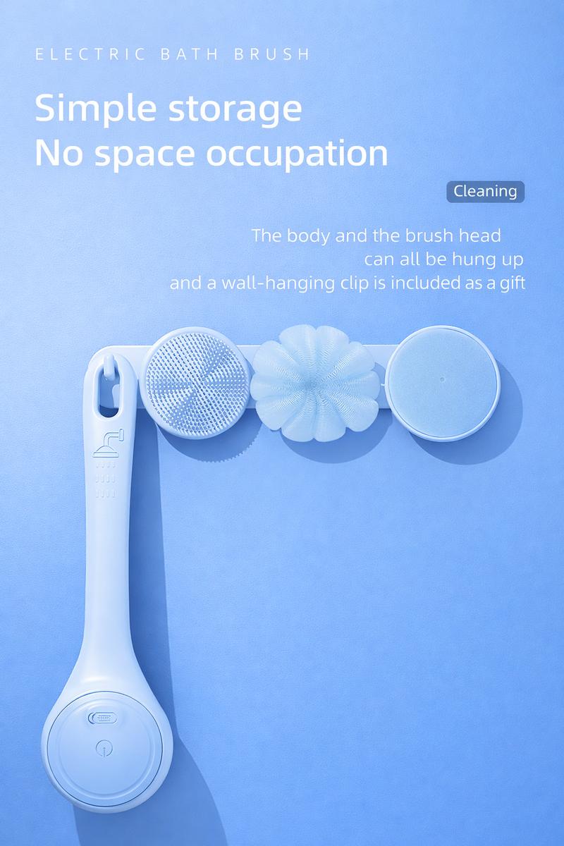 Rechargeable Electric Body Scrubber, Waterproof 360° Rotating Shower Brush with Dual Grip Handles, Full Body Bath Brush with 4 Detachable Heads for Deep Cleansing