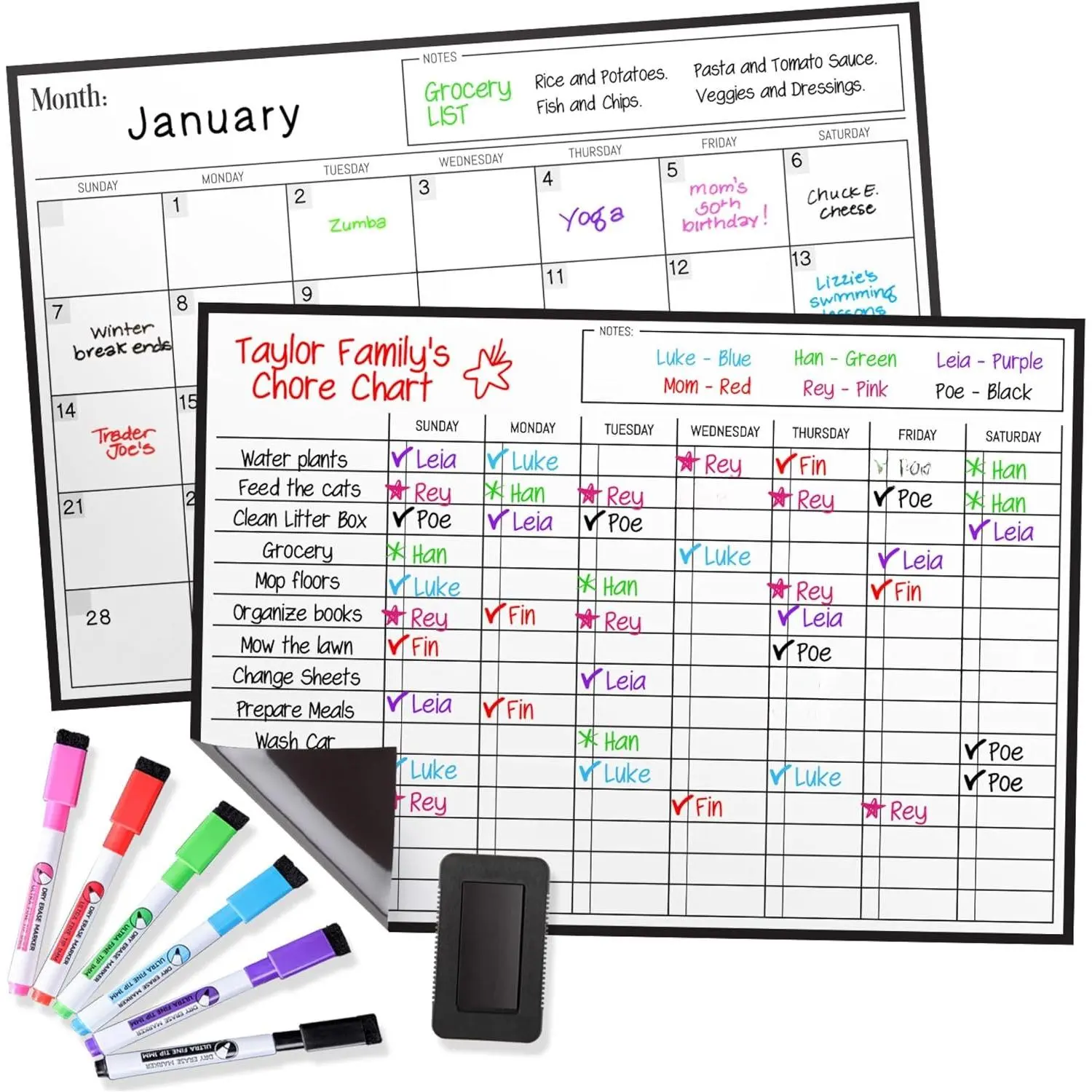 Cinch  Dry Erase Calendar  Chores Chart for  Bundle for Fridge: 2 Boards Included 17"x12", 6 Fine Tip Markers  Large Eraser w/, Chore Chart  Board for  and Adults