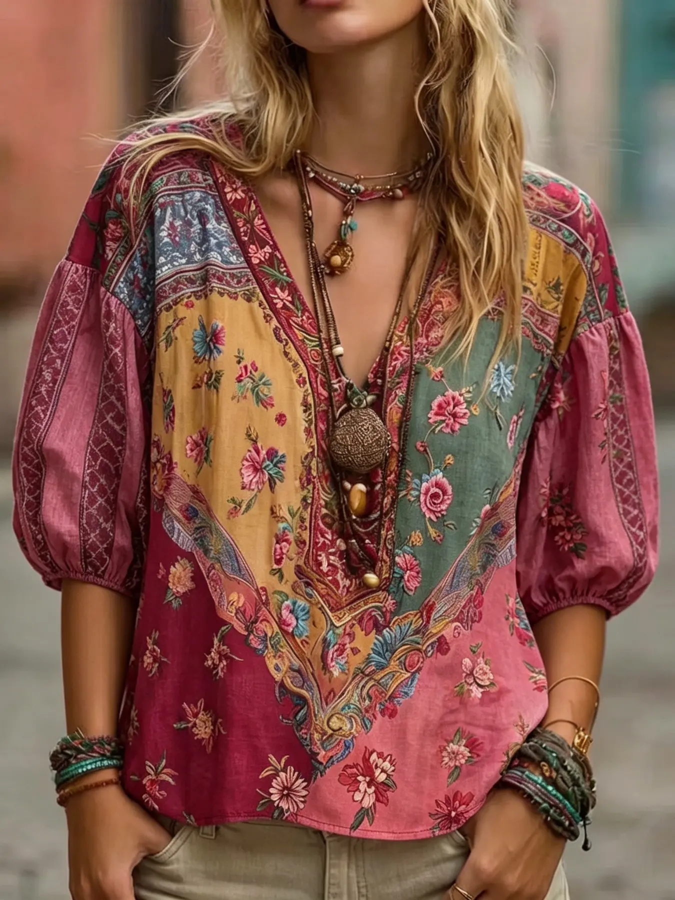 Boho Print V Neck Lantern Sleeve Shirt Blouse, Bohemian Vintage Colorblock Floral Loose Chic Top, Casual Travel Vacation Versatile Cover-Up