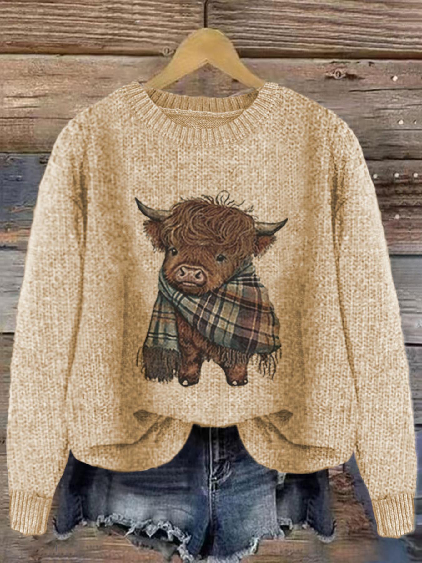 Women's Cartoon Cow Animal Print Round Neck Sweater, Casual Long Sleeve Crew Neck Jumper for Fall & Winter, Fashion Women's Knitwear for Daily Wear, Tops, Womenswear