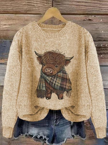 Women's Cartoon Animal Print Round Neck Sweater, Casual Long Sleeve Crew Neck Jumper for Fall & Winter, Fashion Women's Knitwear for Daily Wear, Tops