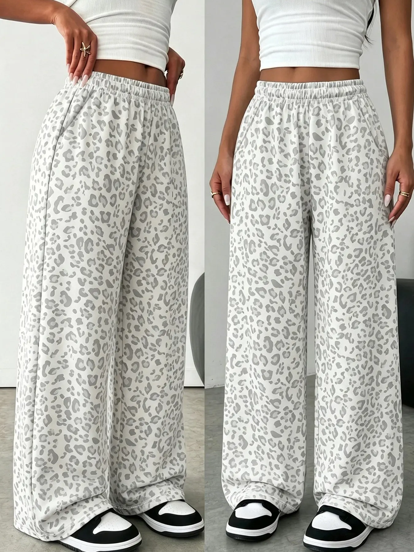 Women's Leopard Print Sweatpants, Sexy Streetwear, Casual Loose-Fit Long Pants, Elastic Waist, All Seasons, Campus Style, Baggy