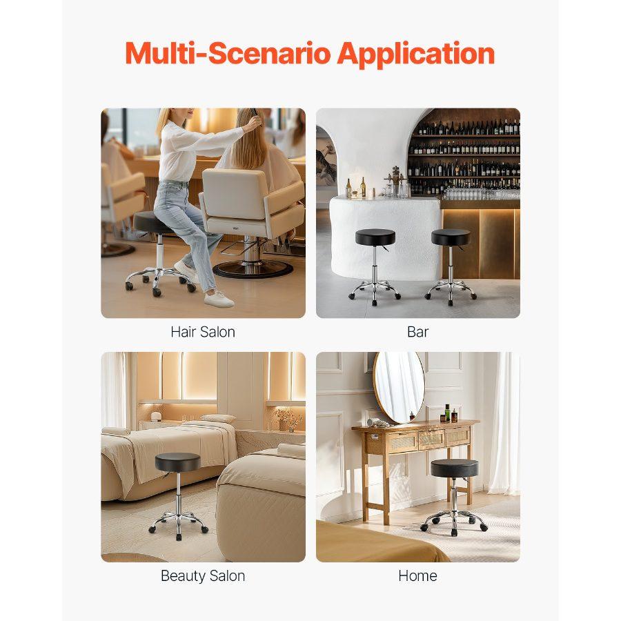 VEVOR Rolling Stool with Wheels, 450 LBS Weight Capacity Round Rolling Stool Chair, Height Adjustable Thickened PU Leather Swivel Stool for Salon, Spa, Massage, Tattoo, Clinic, Black