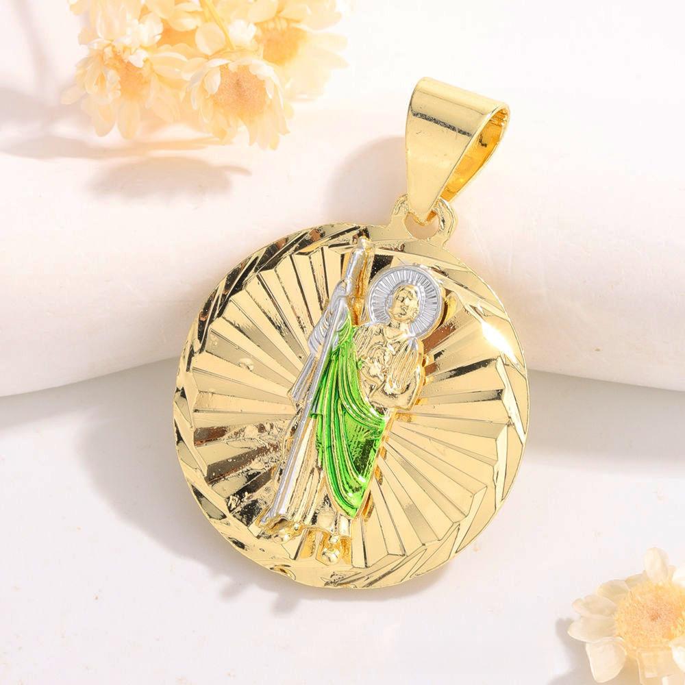 14K gold-plated Saint Jude medal pendant, religious Catholic jewelry, featuring green enamel details and a sunburst design. Suitable for both men and women, offering divine protection