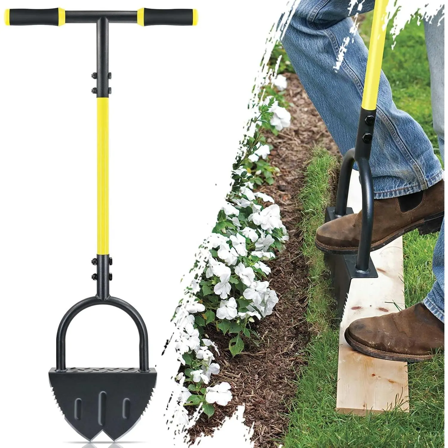 Edger Lawn Tool Manual, Manual Half Moon Edger with Double V-Shaped Serrated   and  Handle, Edging Tool for Landscaping, Sidewalks, Lawn Border, Flower Bed and Yard