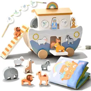 Wooden Noah's Ark Pull Along Toy with Bible Story Cloth Book - Sorting Set for Toddlers - Religious Baptism Gift for Boys & Girls -Christian Preschool Learning Toy for Kids