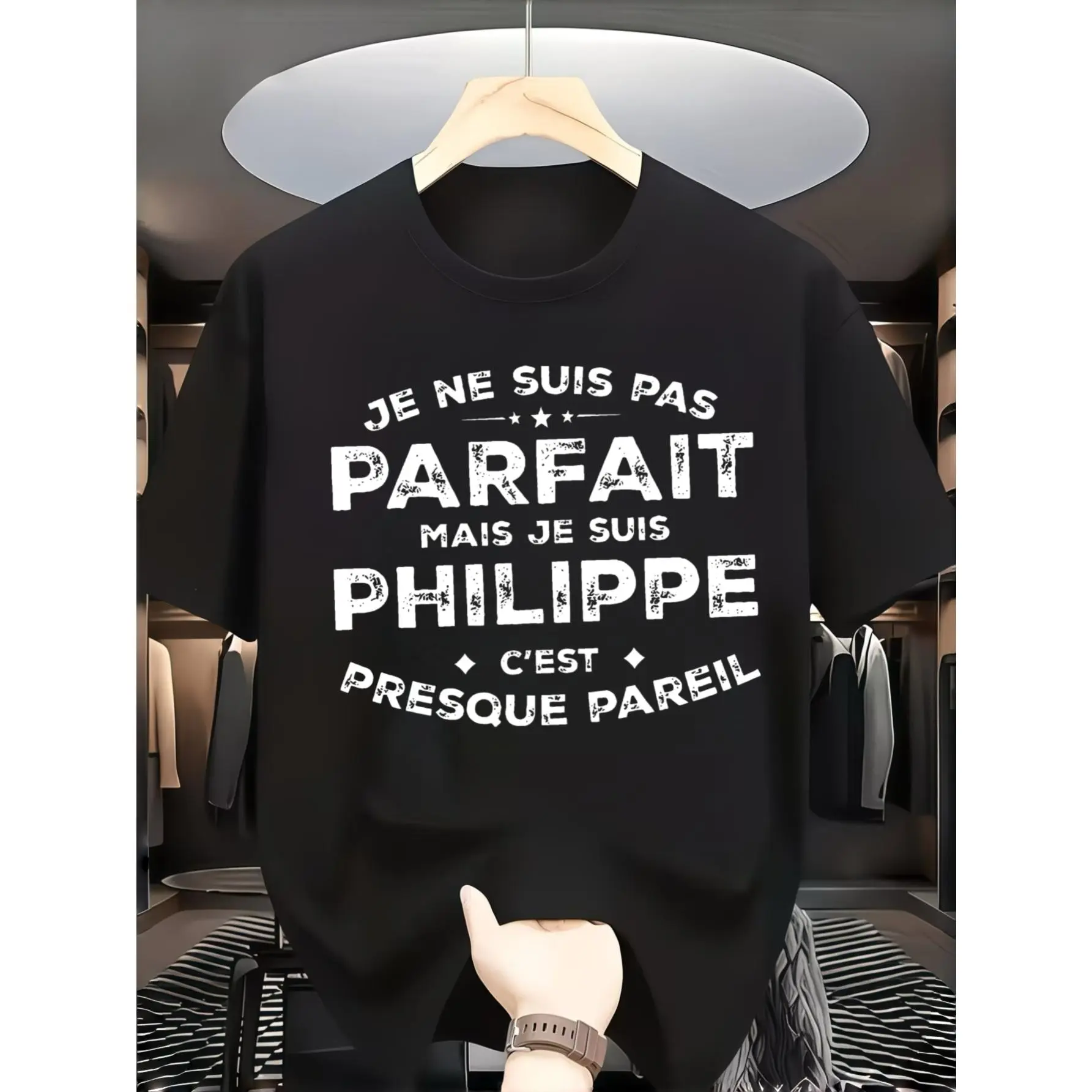 Casual Funny Graphic Men's T-Shirt, Je Ne Suis Pas Parfait Mais Je Suis Philippe Cest Presque Pareil Text Design, Summer Daily Wear Casual Outing, Gift For Friends Named Philippe Or French Humor Lovers