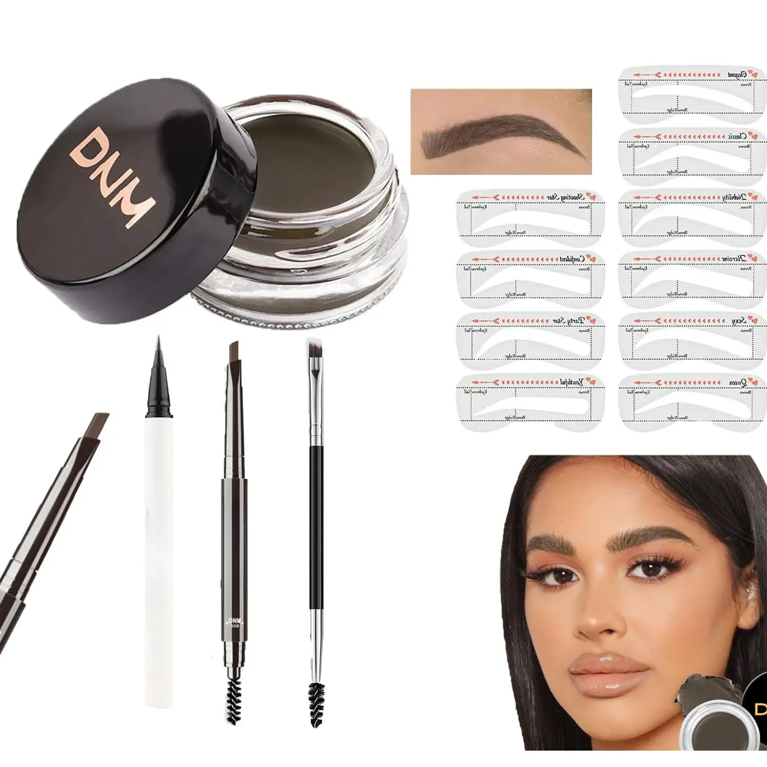 All-in-One Eyebrow Stencil Shaping Kit, Professional Brow Tinting Makeup Set for Women, Reusable Eyebrow Shaper Tool with Eyebrow Pencil, Eyebrow Pomade, Liquid Eyeliner, Dual-Ended Brush and 10 Brow Stencils