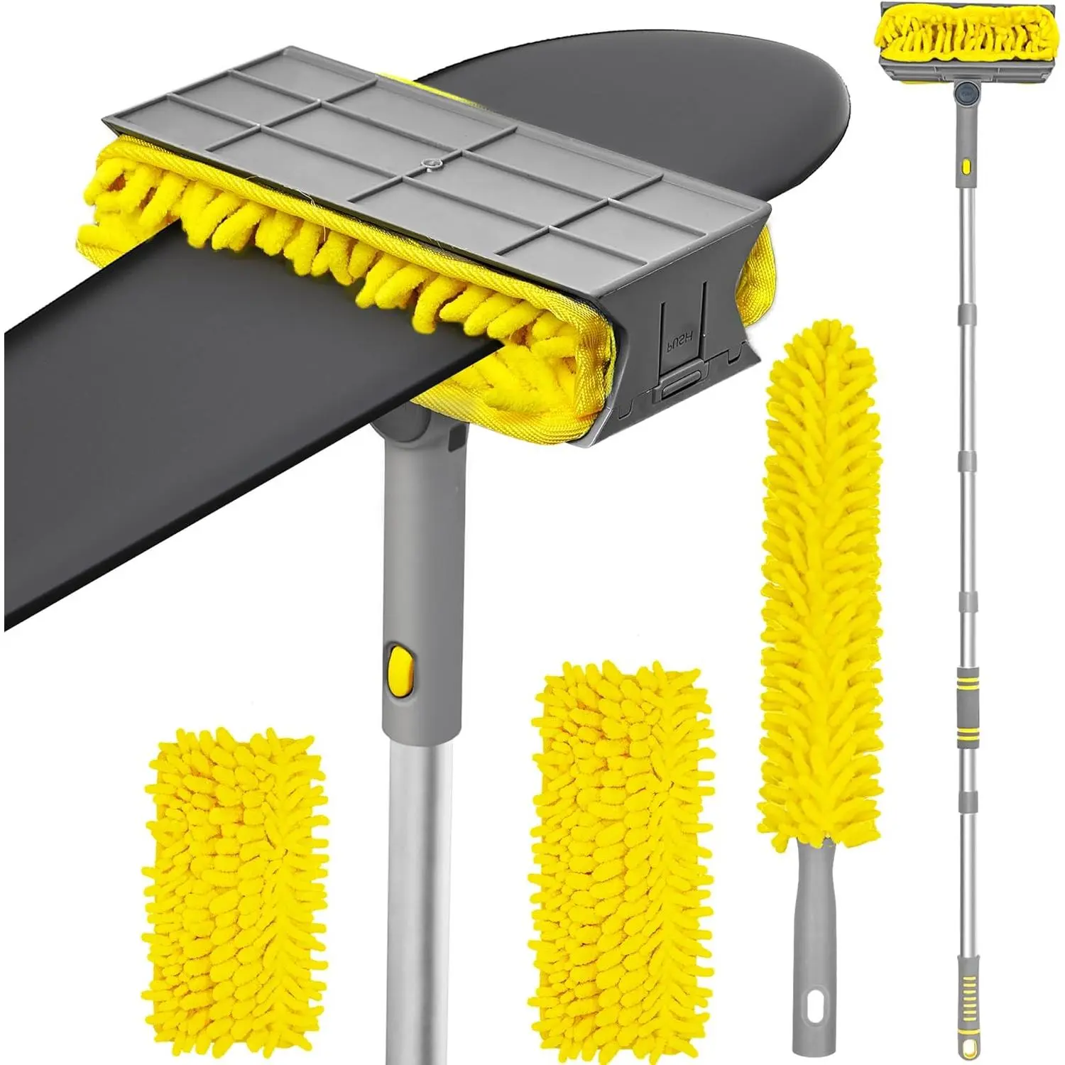 77” Ceiling Fan Cleaner Duster with Extra Bendable Chenille Dust Cleaning Tool, Detachable Washable Mop for Baseboard, Blinds, Walls, Floors &  Interiors (Yellow)