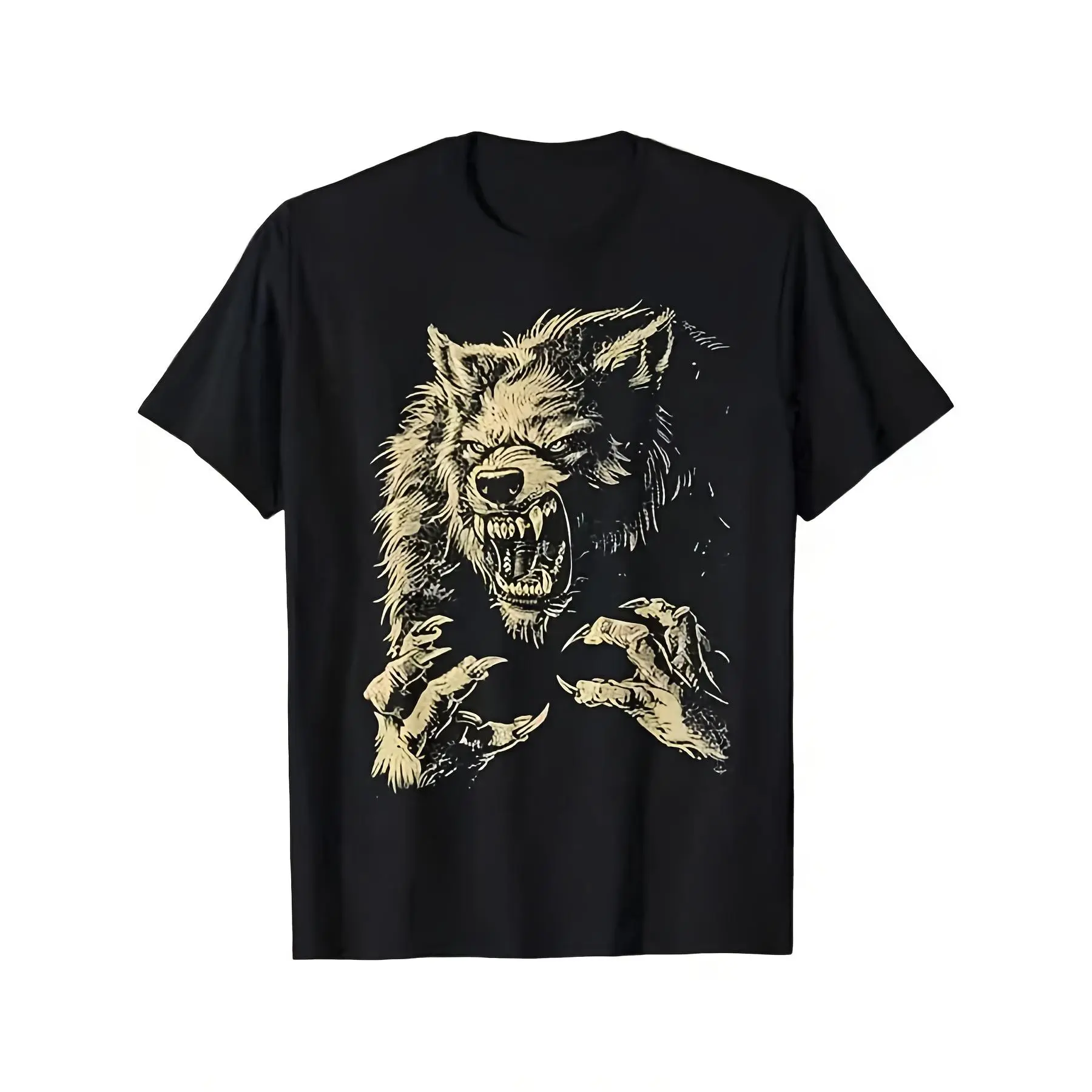 [100% Cotton] 100% Cotton Men's Plus Size Werewolf Cries Under The Full Moon T-Shirt 1pc, Wash Print T-Shirt, Seasonal Casual Men's T-Shirt, Round Neck Short-Sleeved T-Shirt, Outdoor Sports, Holiday Gifts Extra Long PlusSize, PLUS SIZE