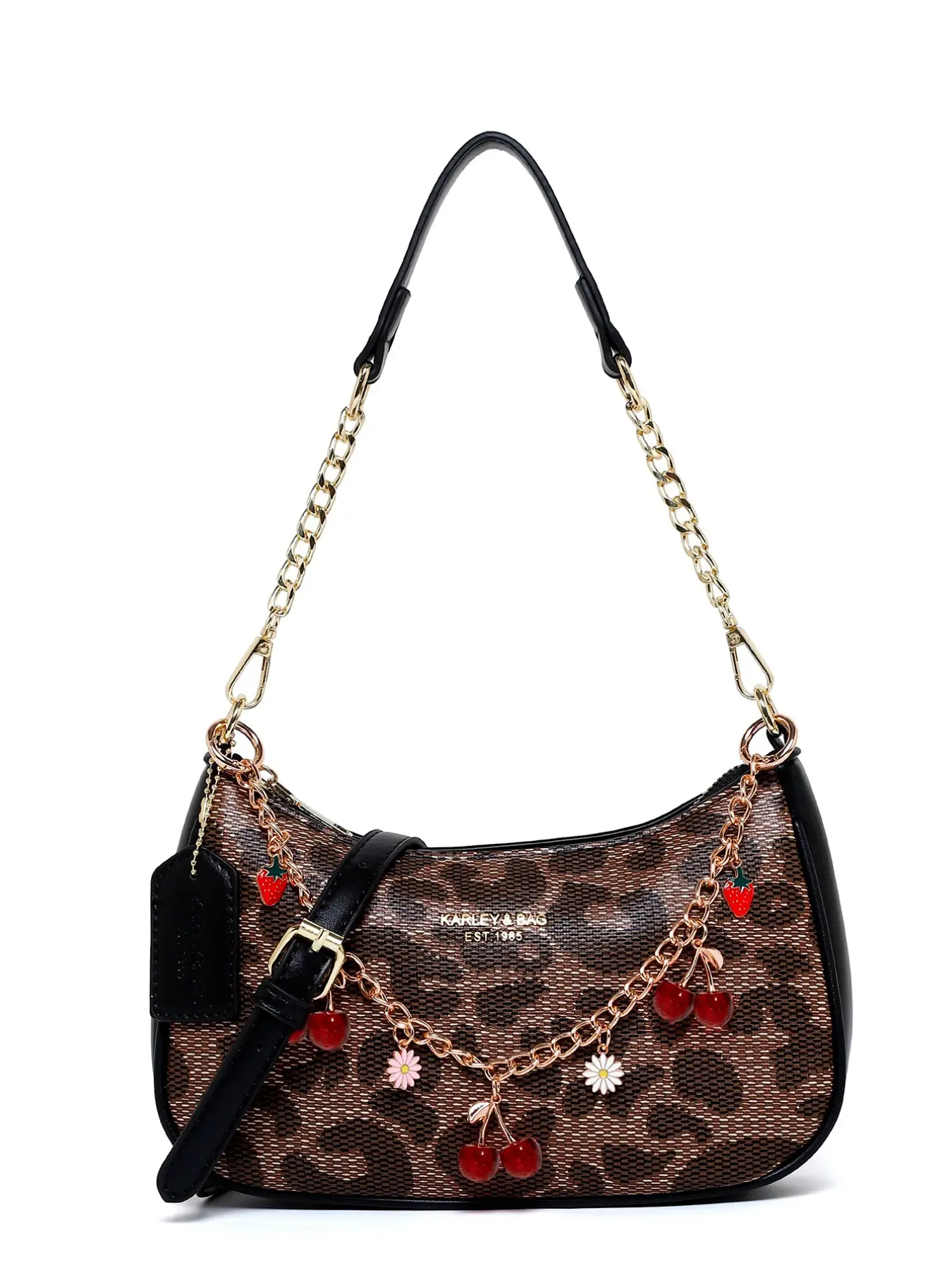 Fashionable Leopard Print Cherry Chain Underarm Crossbody Bag, Versatile Shoulder Bag with Cherry Charm, Casual PU Leather Hobo Bag for All Seasons