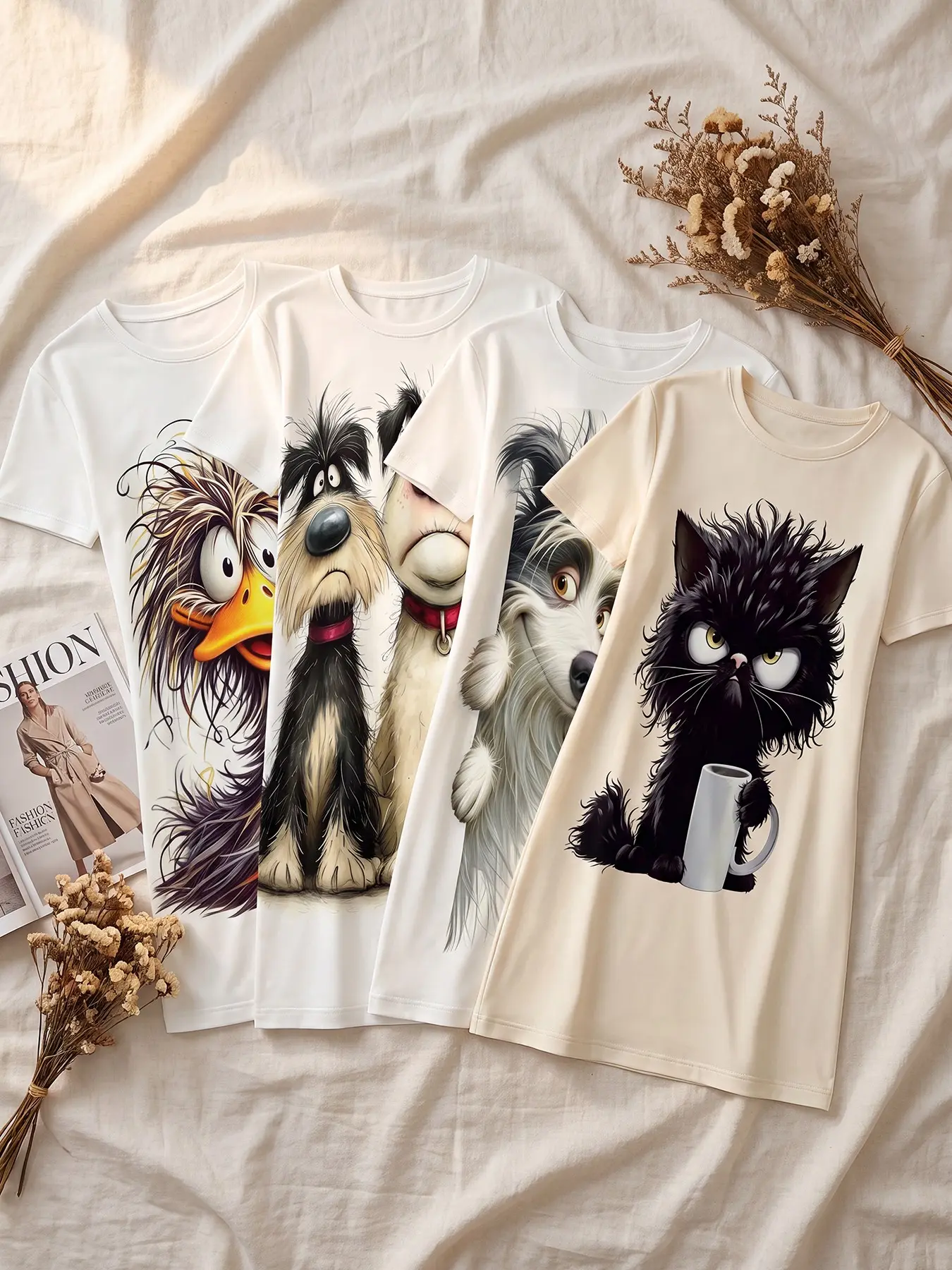 4‑Pack Women Short‑Sleeve Crew Neck Nightgown, Wear All Seasons, funny cartoon animal print loungewear, cozy nightdress for bedtime relax & playful casual stay‑at‑home leisure moments