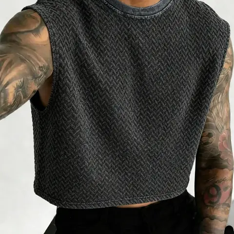 Men's Round Neck Herringbone Waffle Texture Knit Short Sleeve Fitness Vest, Washed Black Cotton Knit Cape, Soft Breathable Wrinkle-Resistant Minimalist Jacket