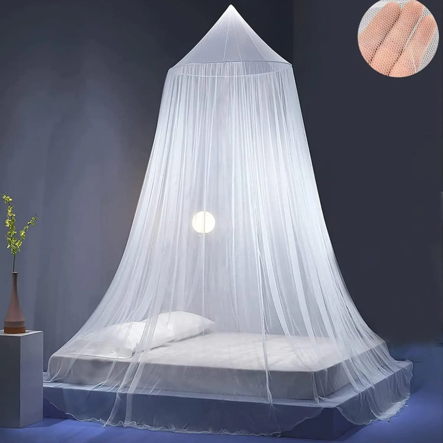 High Density Dome Mosquito Net, Hanging Ceiling Canopy Bed Curtain, Mosquito Netting Curtains, Fit Single Bed & Double Bed, Elegant Room Decor Bed Canopy, Comfort Summer Insect Net, Portable for Indoor, Outdoor and Travel, White Mosquito Netting