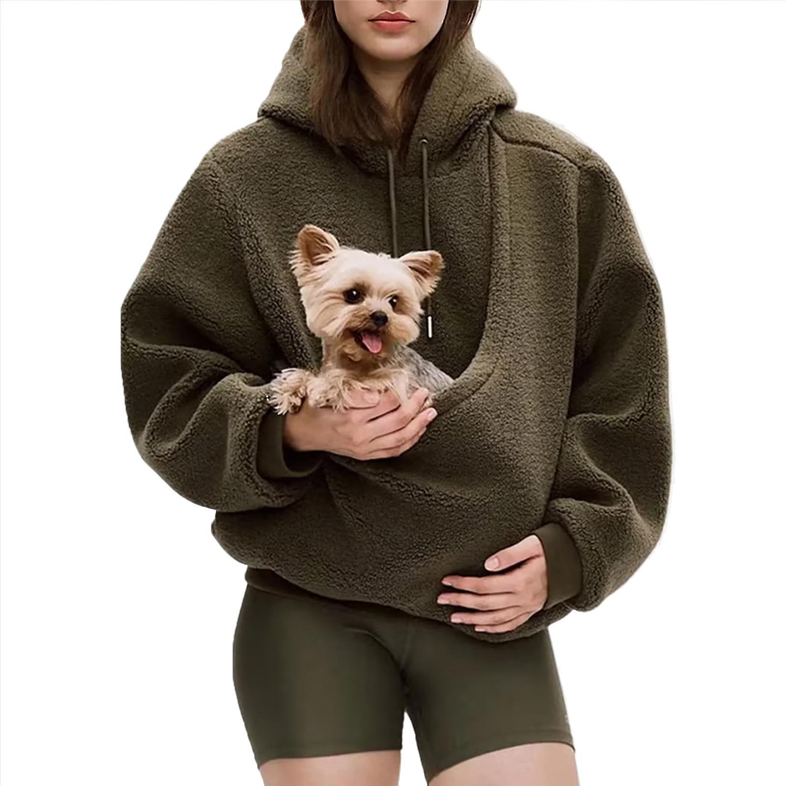 Autumn and Winter Solid Color Hooded Plush Pet Pocket Loose Pullover Sweatshirt for Women Fashionable Warm Cold Resistant Polyester,Gift
