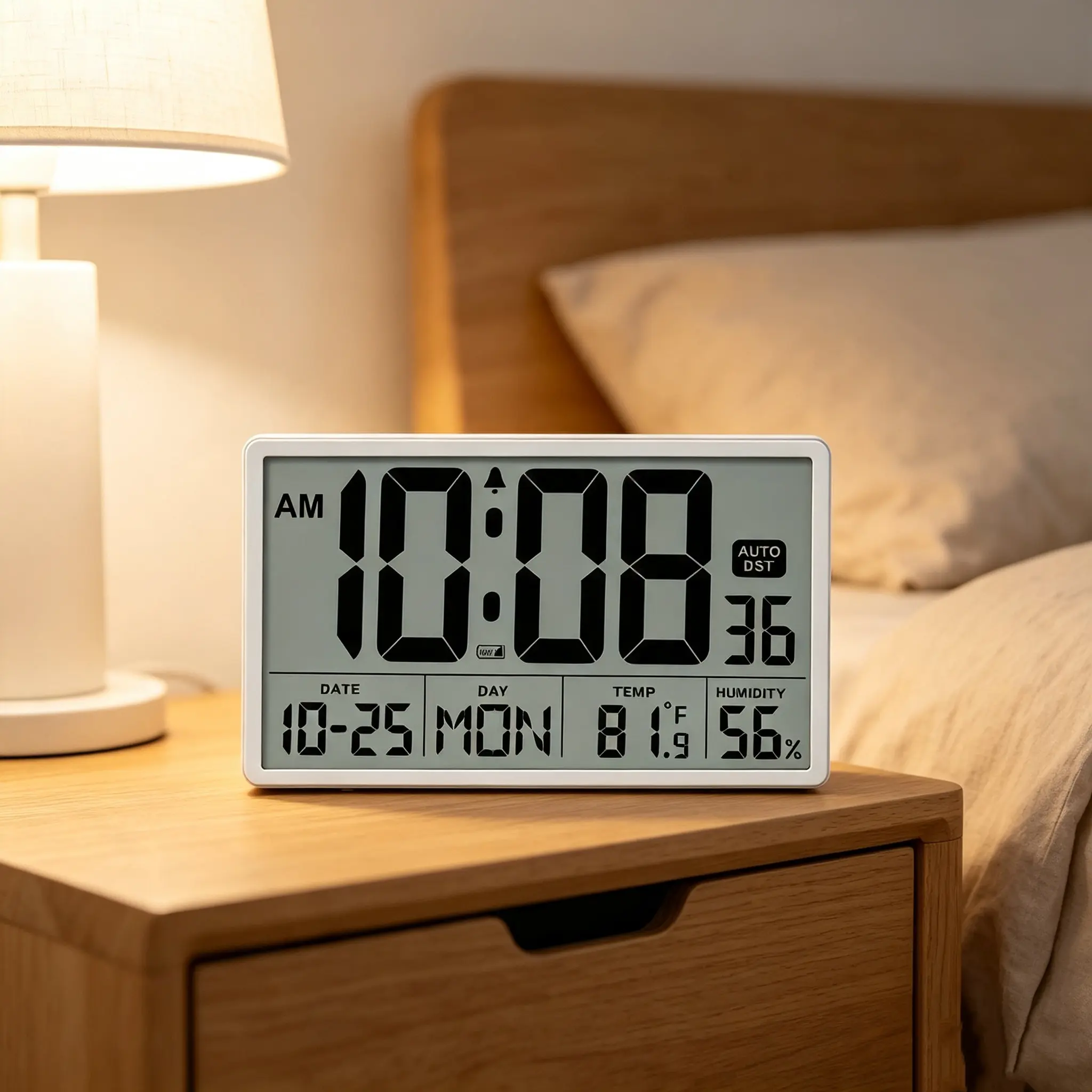 8 in Rectangular Plastic LED Digital Wall Clock - Large LCD Screen, Jumbo Visible Text, Automatic DST Adjustment, Time Temp Date Display, Battery-Powered Home Decor for Home, Office