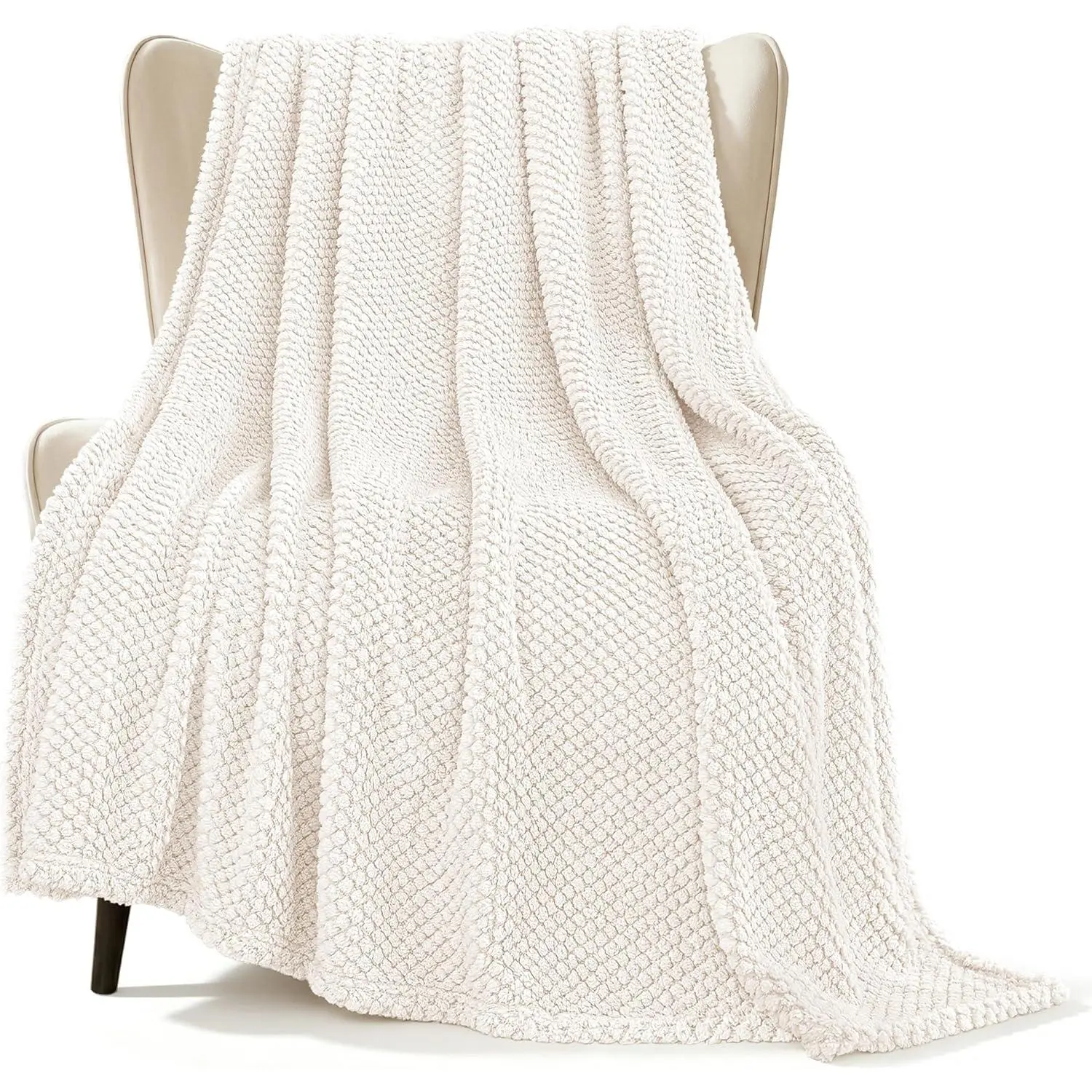 Extra Large Fuzzy Fleece Throw Blanket for Couch, 50x70 Inch Fluffy Warm Soft Jacquard Blankets for All Season, Lightweight and Cozy, Ivory