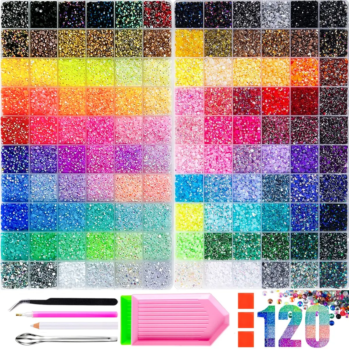 2Boxes 3mm Hot Selling Semi-circular Flatback Jelly Nail Rhinestones Bedazzling Kit 120-Colors Mini Shiny AB Crystal Gems Nail Diamond Art with Tools DIY Photo Frame Tumblers Keyboard Nail Crafts Nail Art Supply