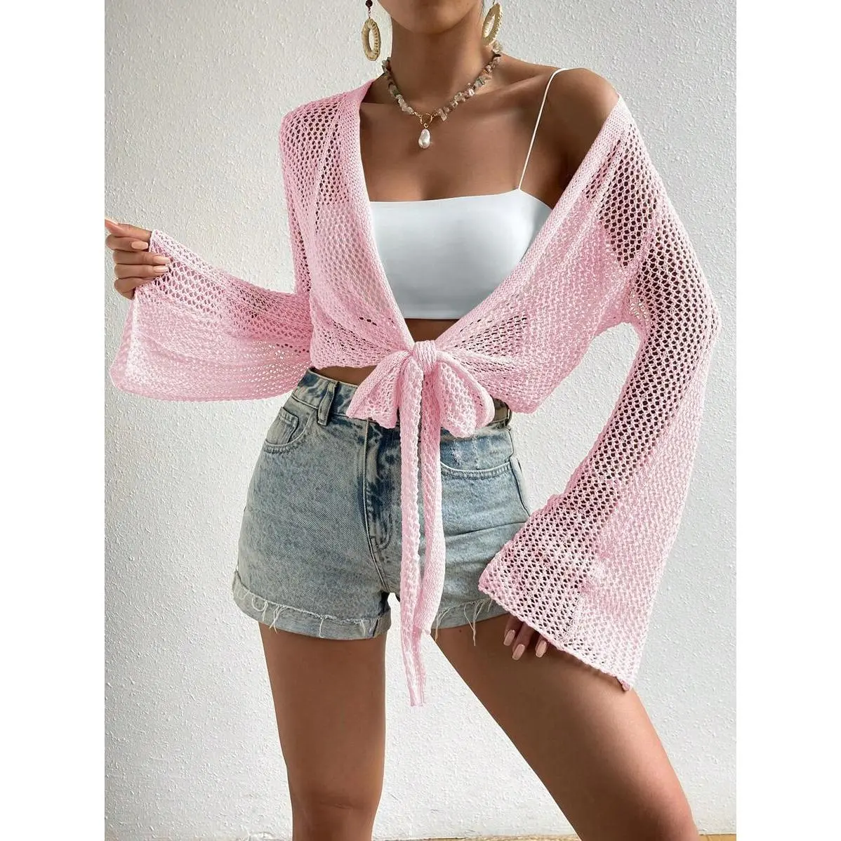 Women's Kimono Cover-Up, Short Hollow Out Polyester Knit Top with Long Sleeves and Tie Front for Beach Vacation, Long Sleeve Shirt, Short Cut