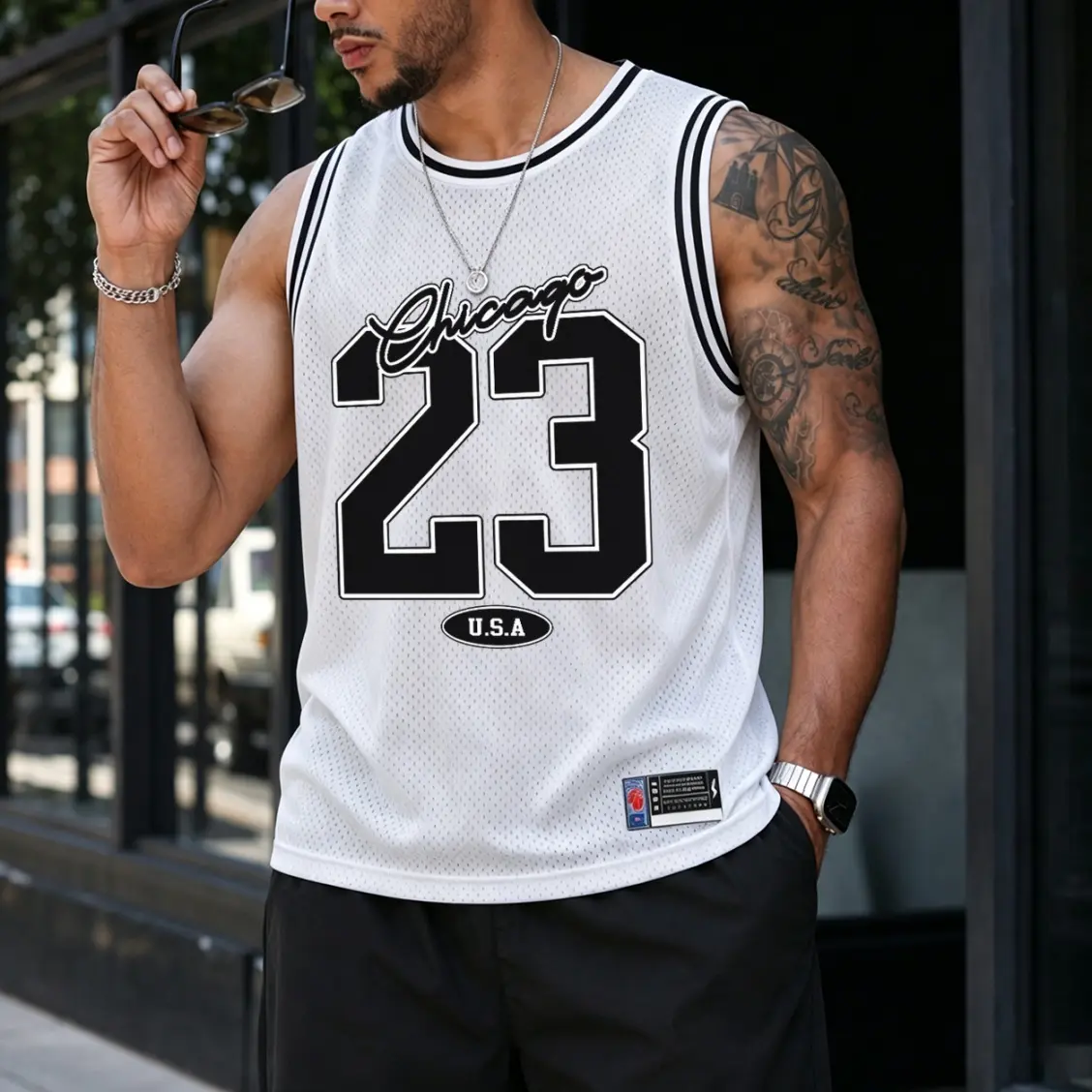 Men’s Retro Chicago 23 Quick Dry Basketball Graphic Mesh Tank Top - Colorblock, Dynamic Athletic Cut, Loose-Fitting Sleeveless Sports Jersey Vest, Breathable, Machine Washable/Dry Clean Casual Streetwear Summer Top for Workout, Daily Wear, 3XL, Male
