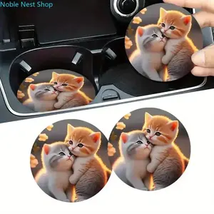 2 Pack Kawaii Cute Kitten Car Cup Holder Coasters, Cuddling Cat Printed Absorbent Rubber Anti-Slip Cup Mats, Trendy Aesthetic Vehicle Interior Decor & Lovely Gift for Cat Lovers